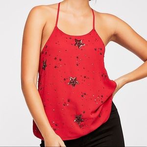 XS Free People Red/Gold Sequin Cami with Y Neck and Adjustable Straps